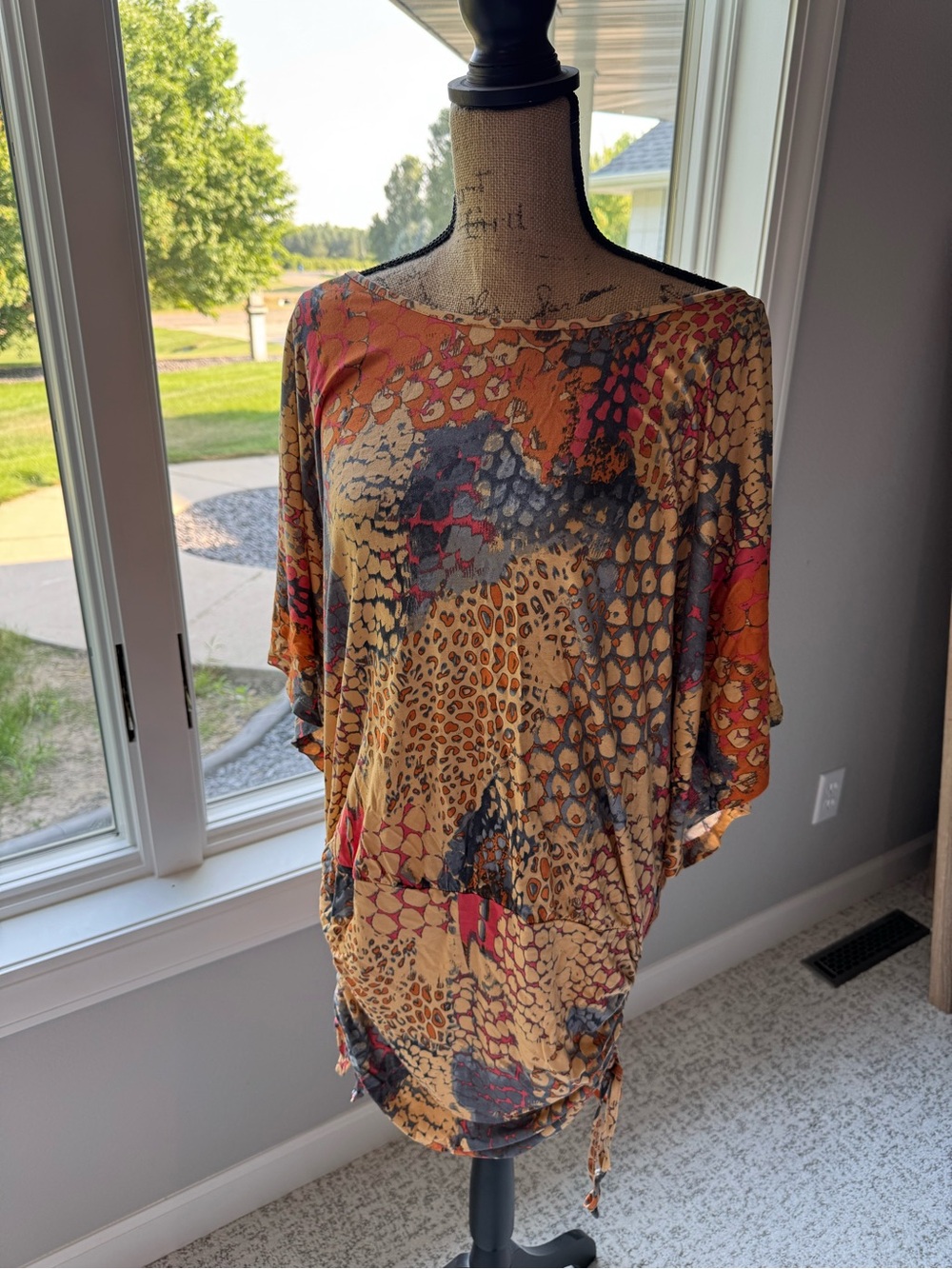 Women’s Abstract Animal Print Dolman Sleeve and fitted ruched drawstring dress